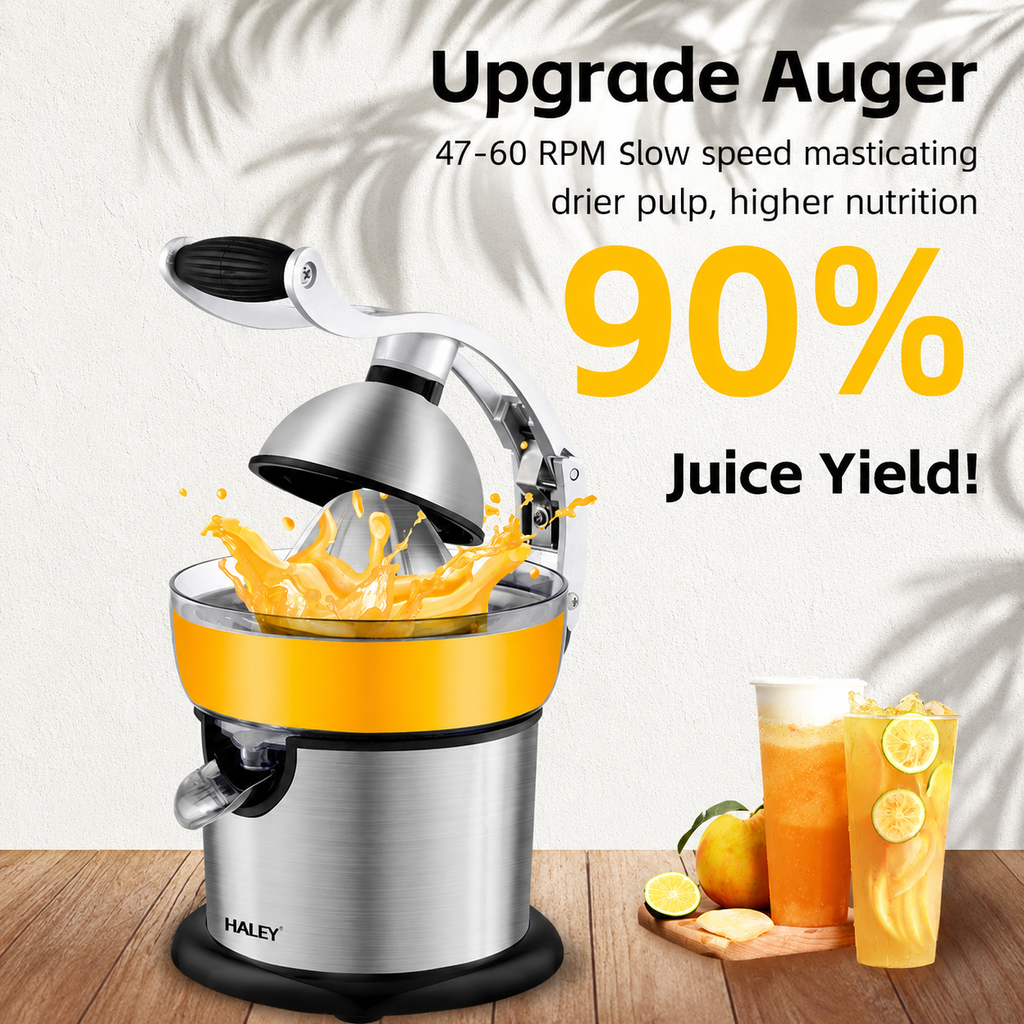 Storcător Electric pentru Citrice Haley HY-2954, 800W, Recipient 400 ml, Sistem cu Pârghie, Carcasă Inox, Randament Ridicat, Argintiu