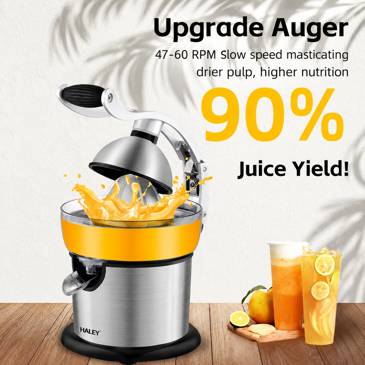 Storcător Electric pentru Citrice Haley HY-2954, 800W, Recipient 400 ml, Sistem cu Pârghie, Carcasă Inox, Randament Ridicat, Argintiu
