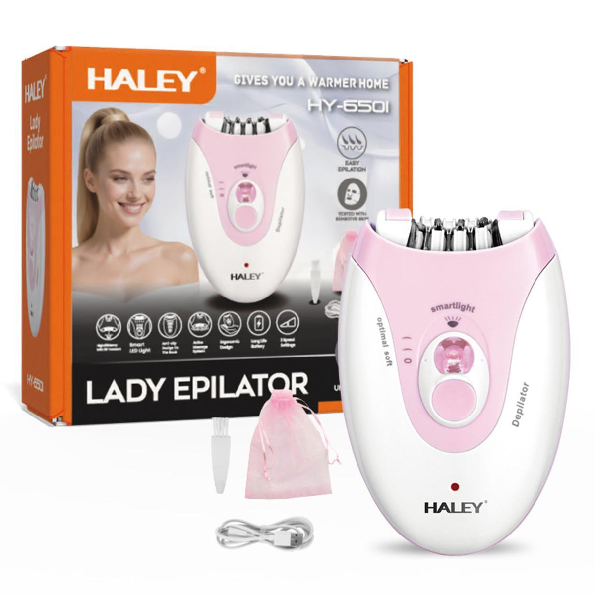 Epilator Electric pentru Femei HALEY HY-6501, 36 Pensete, 2 Trepte de Viteză, Lumină LED, Sistem de Masaj, Acumulator Reîncărcabil, Alb/Roz Imagine principală a produsului