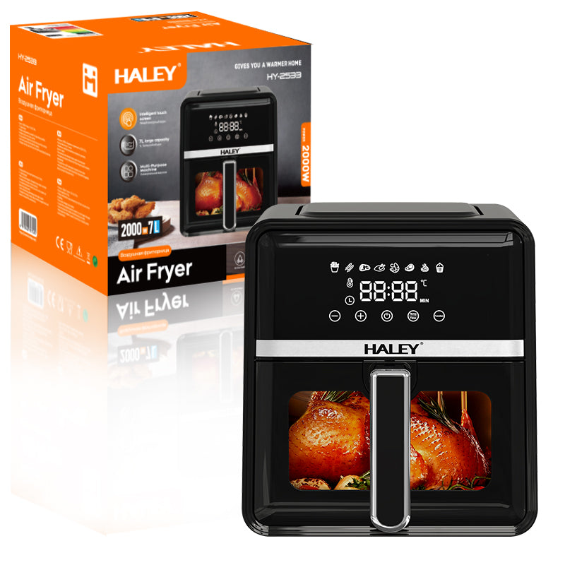 Friteuză cu Aer Cald HALEY 7L, 2000W – Gătire 360°, Touchscreen Holografic, Geam Vizualizare 180°, 8 Programe, Fără Ulei | Gătit Sănătos și Crocant Imagine principală a produsului