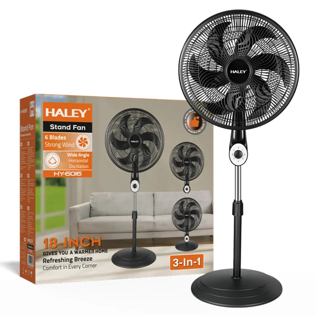 Ventilator cu Picior HALEY HY-6016, 18 Inch, 6 Pale, 3 în 1 (Podea/Masă), 3 Trepte de Viteză, Oscilație Orizontală, Înălțime Reglabilă, Motor Puternic și Silențios, Negru Imagine principală a produsului