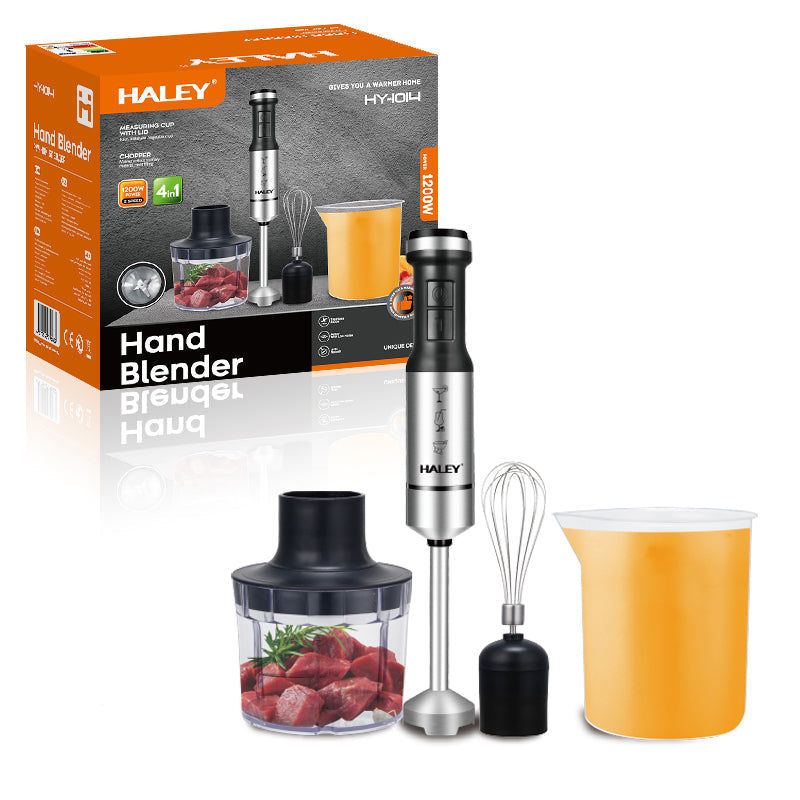 Blender de Mână Electric HALEY 4-in-1, 1200W, Oțel Inoxidabil, 2 Viteze + Accesorii – Tocător, Tel, Pahar, Multifuncțional pentru Bucătărie Imagine principală a produsului