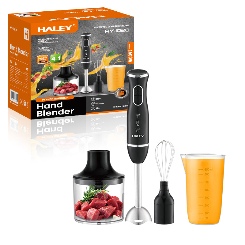 Blender de Mână Electric HALEY 4-in-1, 1600W, Oțel Inoxidabil, 2 Viteze + Accesorii – Tocător, Tel, Pahar, Multifuncțional pentru Bucătărie Imagine principală a produsului