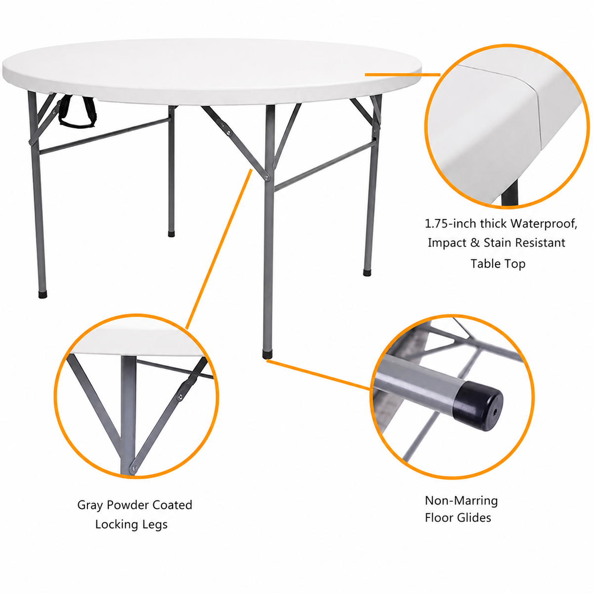Masă Pliabilă Rotundă AT PERFORMANCE®, Ø180 cm, Cadru Metalic, Blat HDPE, Alb, pentru Evenimente și Catering