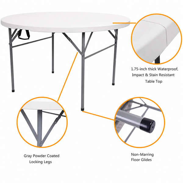 Masă Pliabilă Rotundă AT PERFORMANCE®, Ø180 cm, Cadru Metalic, Blat HDPE, Alb, pentru Evenimente și Catering