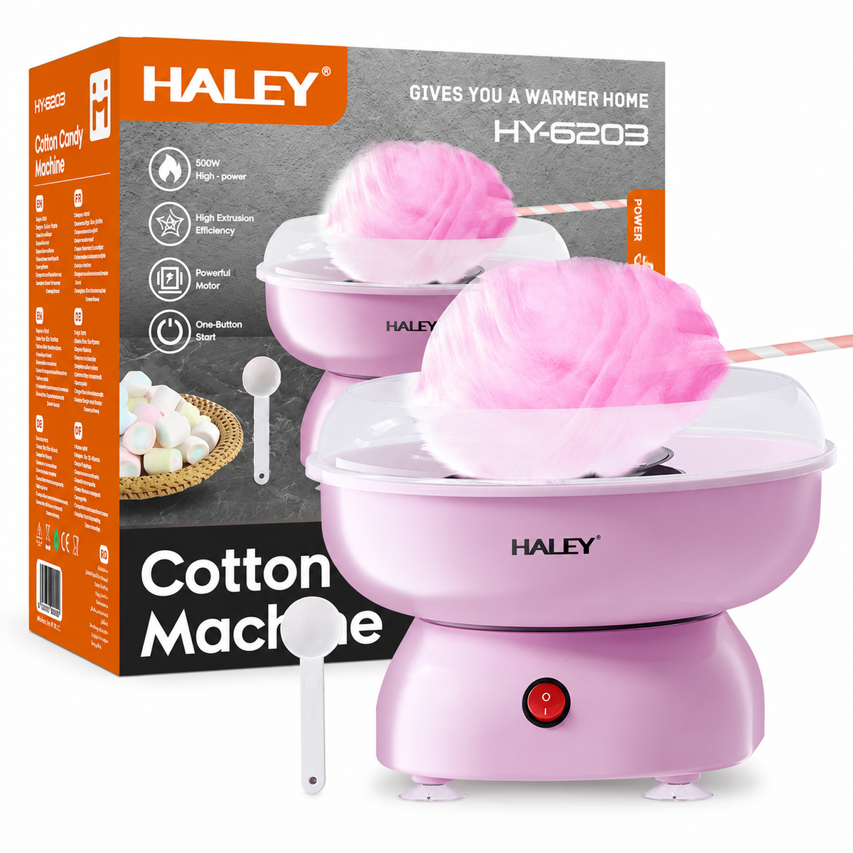 Aparat pentru Vată de Zahăr HALEY® HY-6203, 500W, Pornire cu un Singur Buton, Include 10 Bețișoare și Lingură Dozatoare Imagine principală a produsului