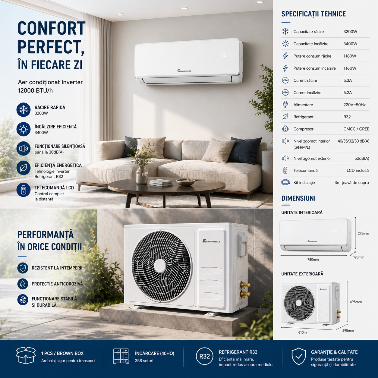 Aer Condiționat Inverter 12000 BTU, R32, Compresor GMCC/GREE, Răcire & Încălzire, Kit Instalare Inclus, Telecomandă LCD Imagine secundară a produsului