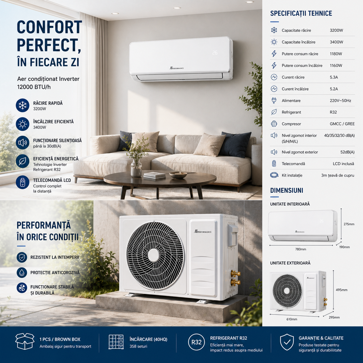 Aer Condiționat Inverter 12000 BTU, R32, Compresor GMCC/GREE, Răcire & Încălzire, Kit Instalare Inclus, Telecomandă LCD