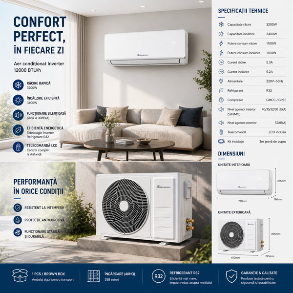 Aer Condiționat Inverter 12000 BTU, R32, Compresor GMCC/GREE, Răcire & Încălzire, Kit Instalare Inclus, Telecomandă LCD