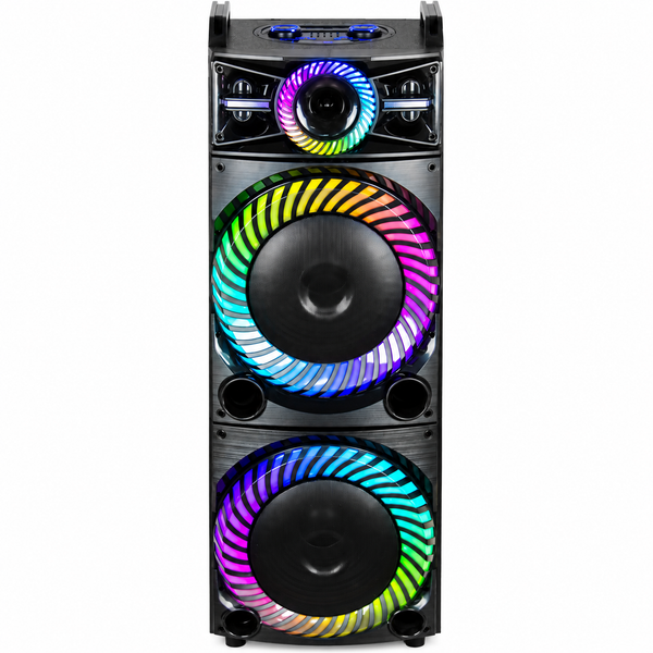 Boxă Karaoke Portabilă AT PERFORMANCE® 2250W PMPO, 2 x 15", Bluetooth, RGB LED, 2 Microfoane Wireless