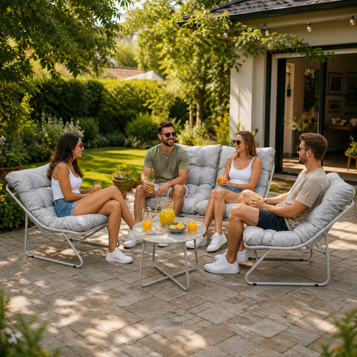 Set Mobilier Grădină AT PERFORMANCE® 4 Piese, Canapea 2 Locuri + 2 Fotolii + Măsuță, Cadru Metalic