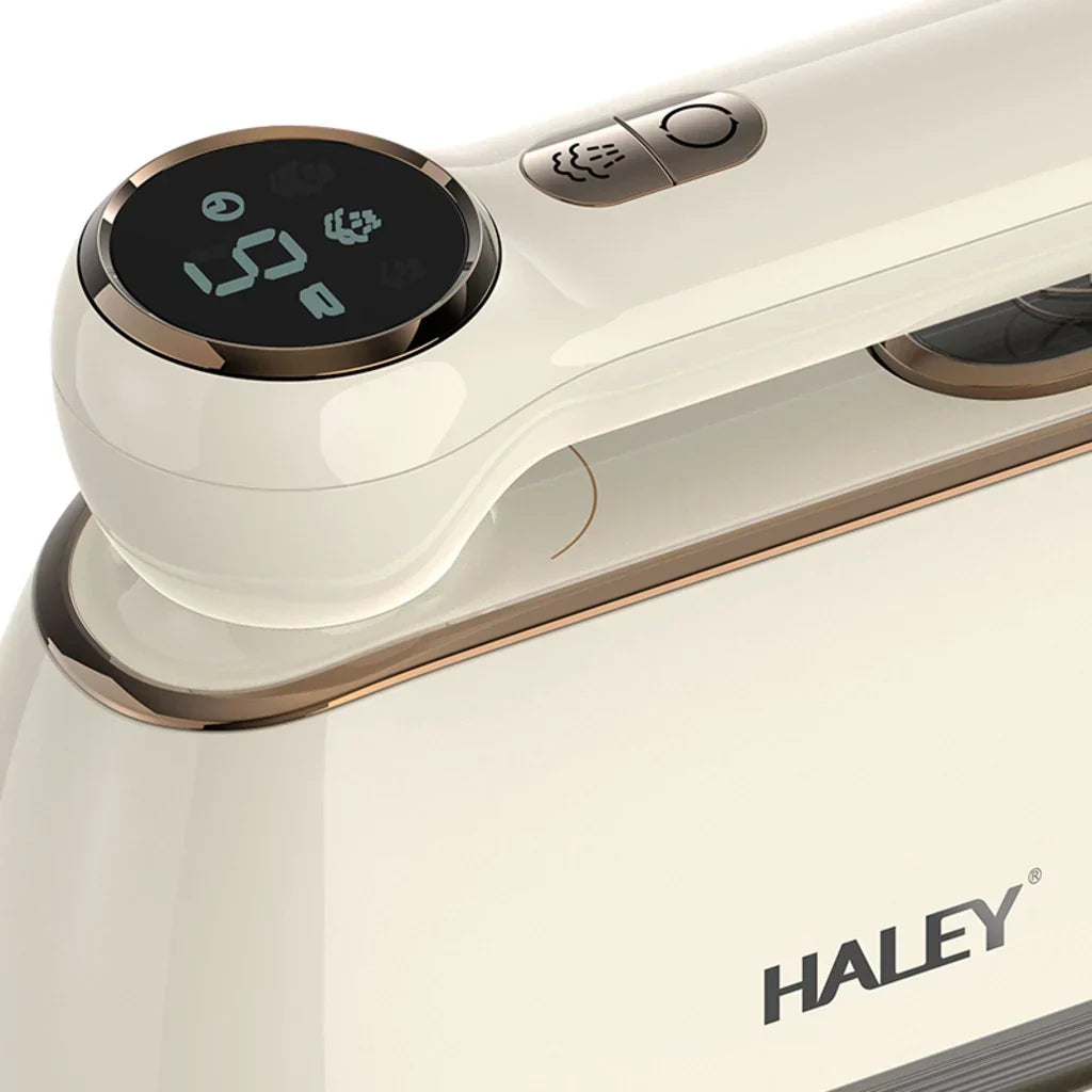 Fier de călcat vertical cu aburi HALEY HY-2005, 2000W, Ecran Digital LED, Talpă din Inox, Rezervor 150 ml, Încălzire Rapidă, Alb