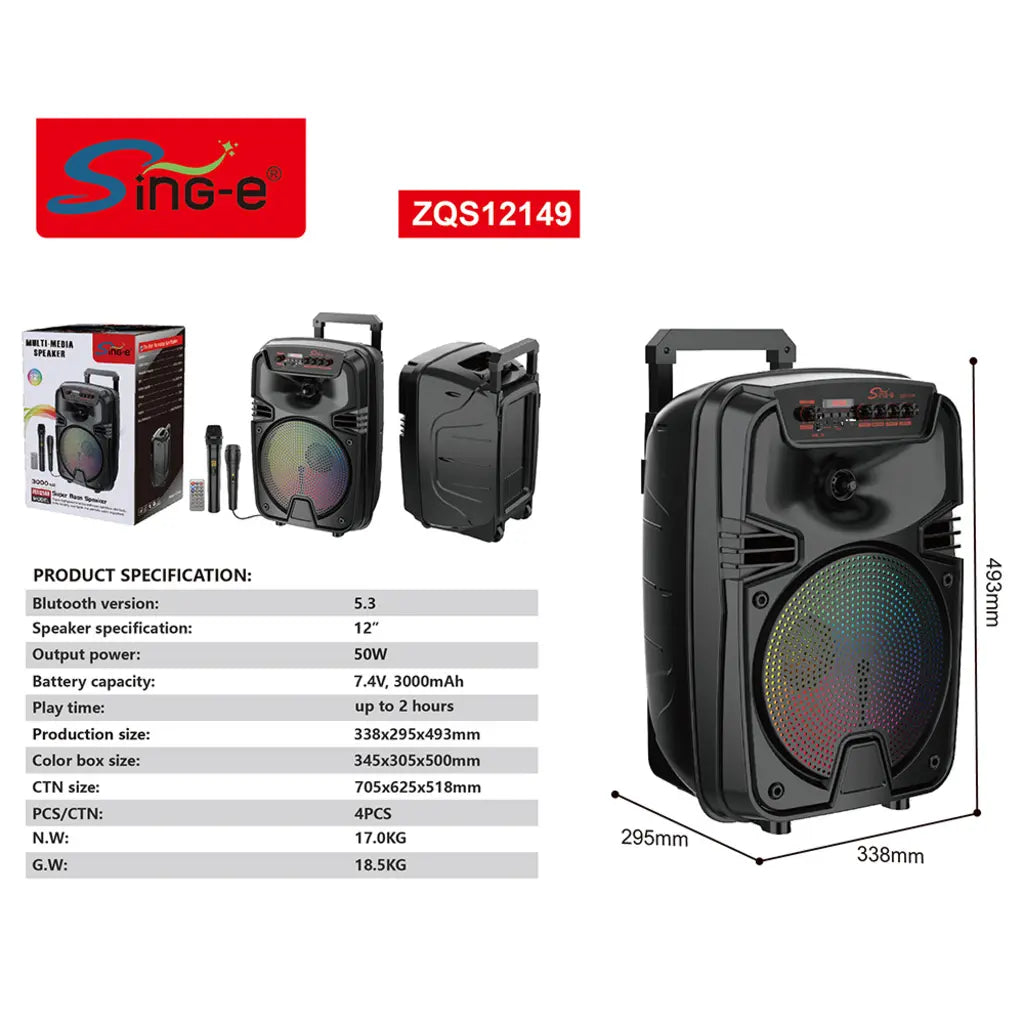 Boxă Portabilă Karaoke Sing-e ZQS12149, 12 Inch, 200W, Bluetooth 5.3, Acumulator 3000mAh, RGB LED, USB/TF/FM, 2 Microfoane Incluse, Telecomandă