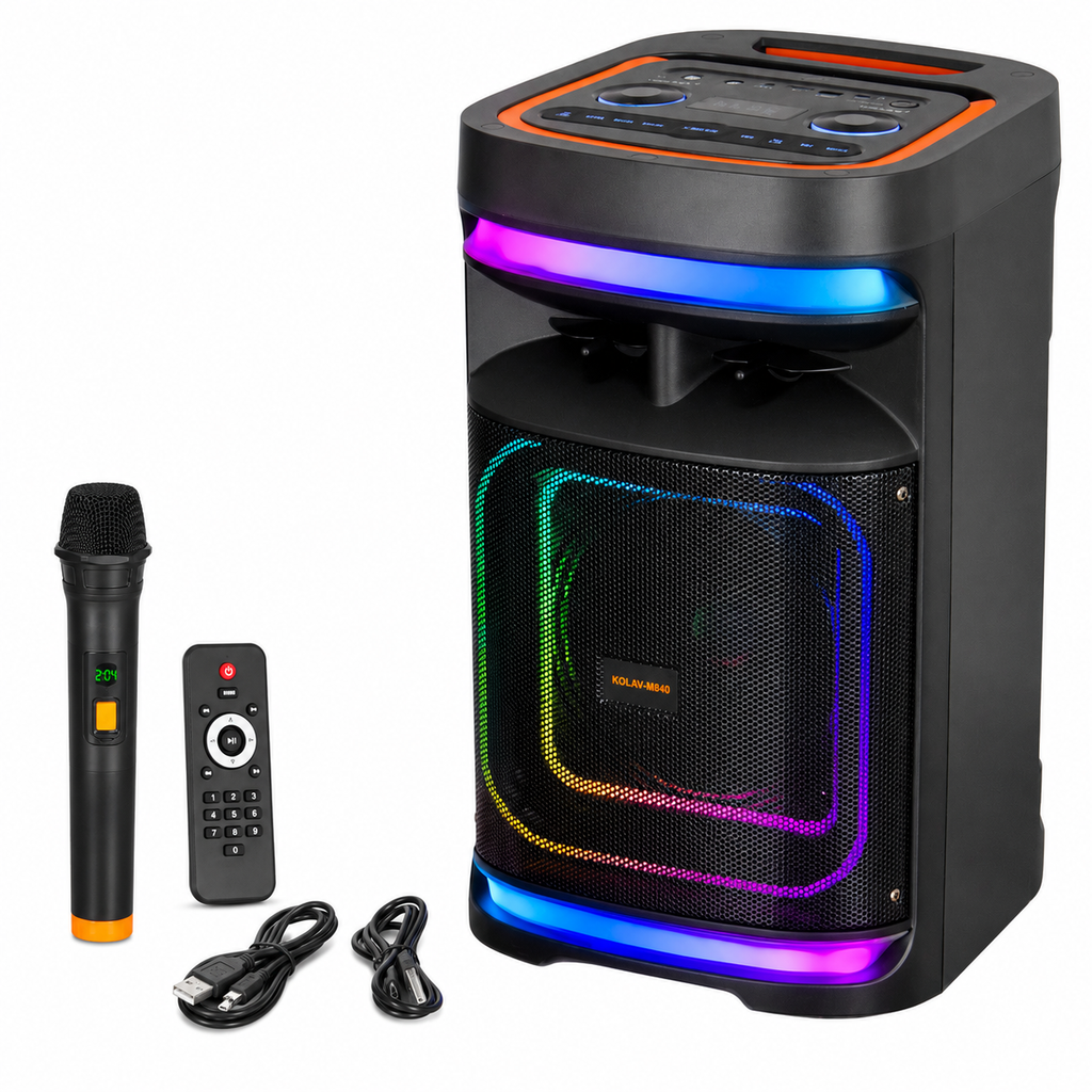 Boxă Portabilă Karaoke KOLAV M840, 8", Bluetooth, 400W, Bass Puternic, Microfon Wireless, RGB LED, USB/TF/AUX, Telecomandă, Acumulator Reîncărcabil