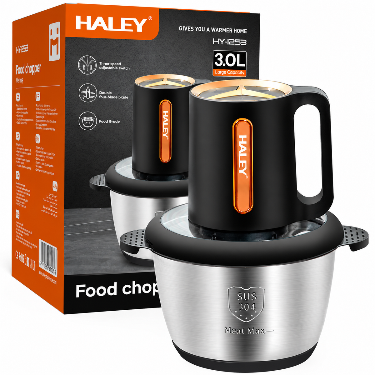 Tocător Electric HALEY HY-1253, 1200W, Bol Inox SUS 304 de 3L, 4 Lame din Oțel Inoxidabil, 3 Trepte de Viteză, Sistem Antiderapant Imagine principală a produsului