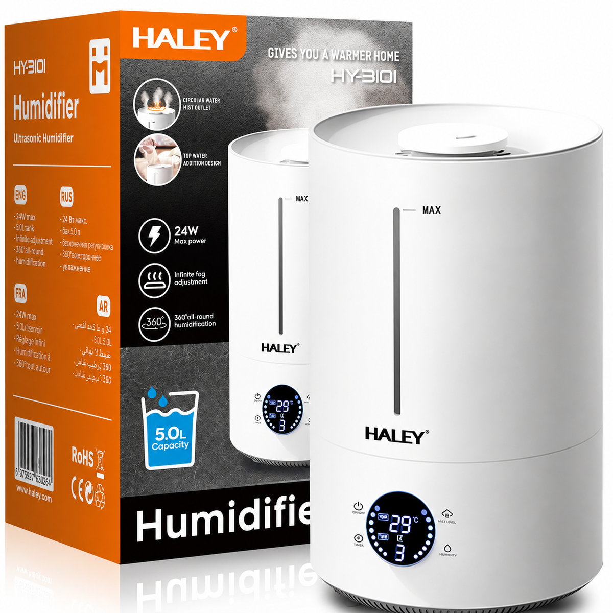 Umidificator de Aer HALEY HY-3101, Rezervor 5L, Umidificare 360°, Intensitate Reglabilă, Umplere de Sus, Panou Digital, 1000W, Alb Imagine principală a produsului