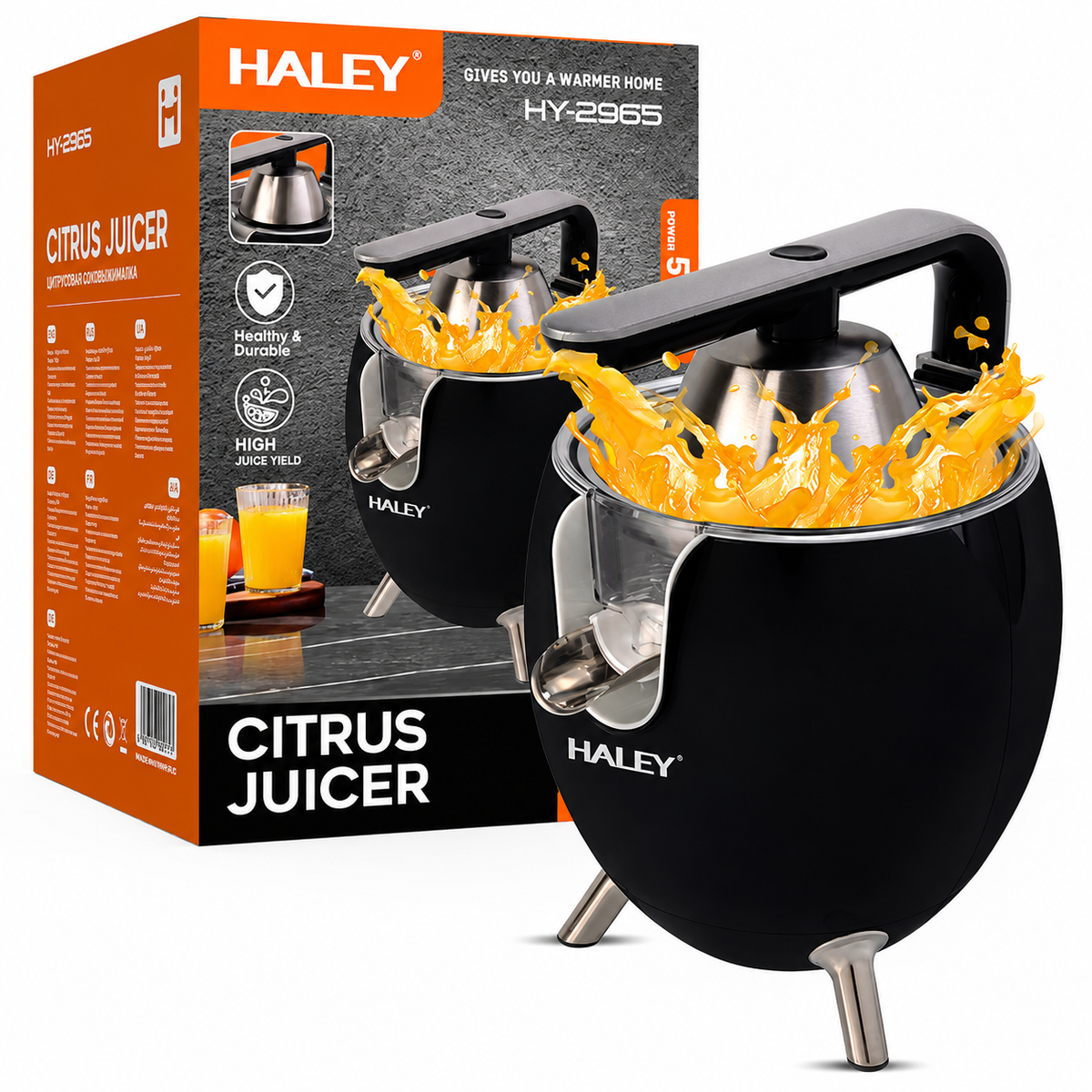 Storcător Electric de Citrice HALEY HY-2965, 500W, 2 Conuri pentru Citrice, Sistem de Presare, Componente din Inox, Funcție Anti-Picurare, Negru Imagine principală a produsului