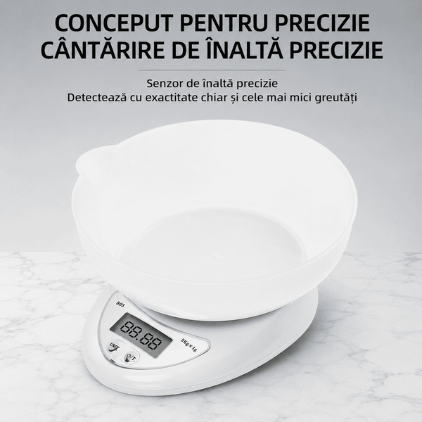 Cântar Electronic De Bucătărie Haley HY-5020, Capacitate 5 Kg, Precizie 1 g, Bol 600 ml, Ecran LCD, Funcție Tara