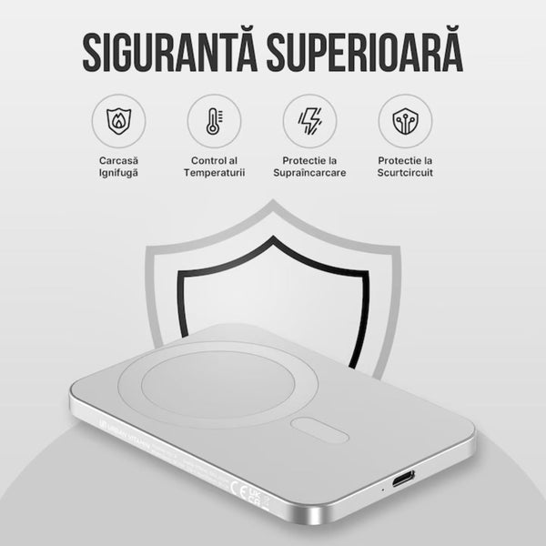 Baterie Externa Wireless Vitse Slim by Vitse 5.000 mAh, Compatibila iPhone 12-15 Pro si Android, Power Bank fast charger, incarcare Wireless QI 15W, Portabila, Cablu Type-C, Alb