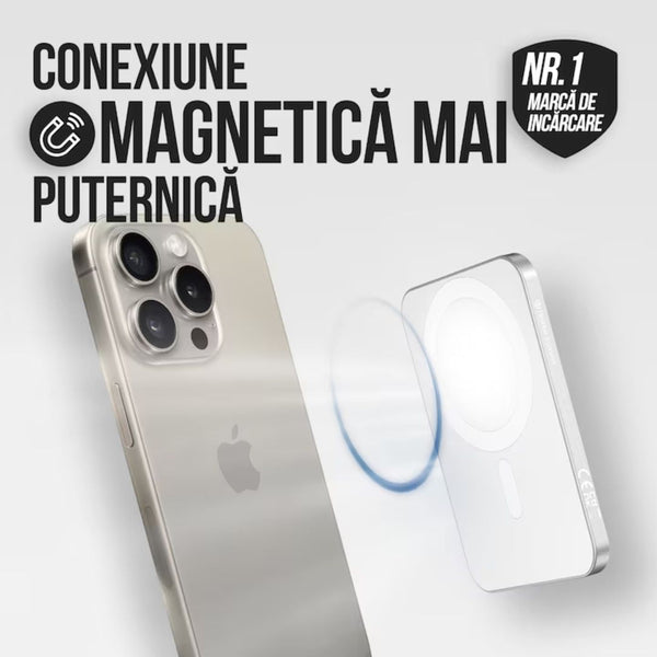 Baterie Externa Wireless Vitse Slim by Vitse 12.000 mAh, Compatibila iPhone 12-15 Pro si Android, Power Bank fast charger, incarcare Wireless QI 20W, Portabila, Cablu Type-C, Alb