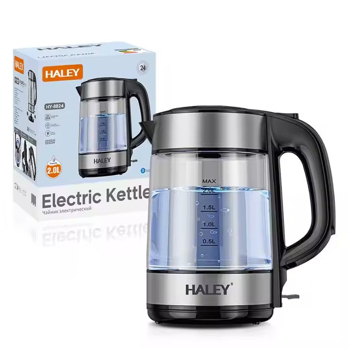 Fierbător Electric HALEY HY-8824: Portabil din Sticlă de 2L, Ceainic de Bucătărie Pentru UZ Casnic și Hotel Imagine principală a produsului