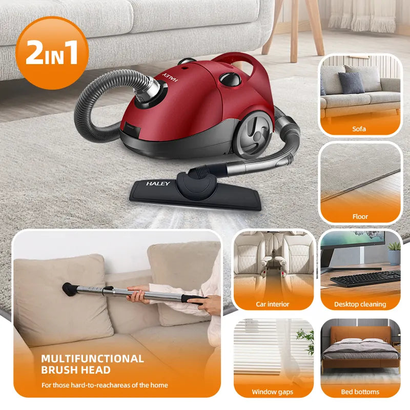 Aspirator cu Sac HALEY® HY-906, 2800W, Putere Aspirare 500W, Sistem Filtrare Multiplă, Capacitate Sac 2.0L, Roșu Imagine secundară a produsului