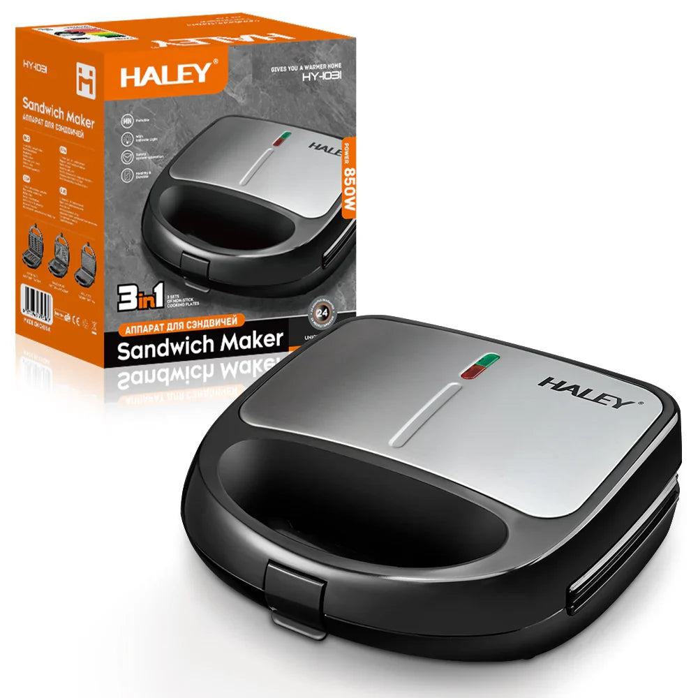 Sandwich Maker 3 în 1 HALEY® HY-1031, Plăci Antiaderente, Grill și Waffle, Design Compact, Negru Imagine principală a produsului