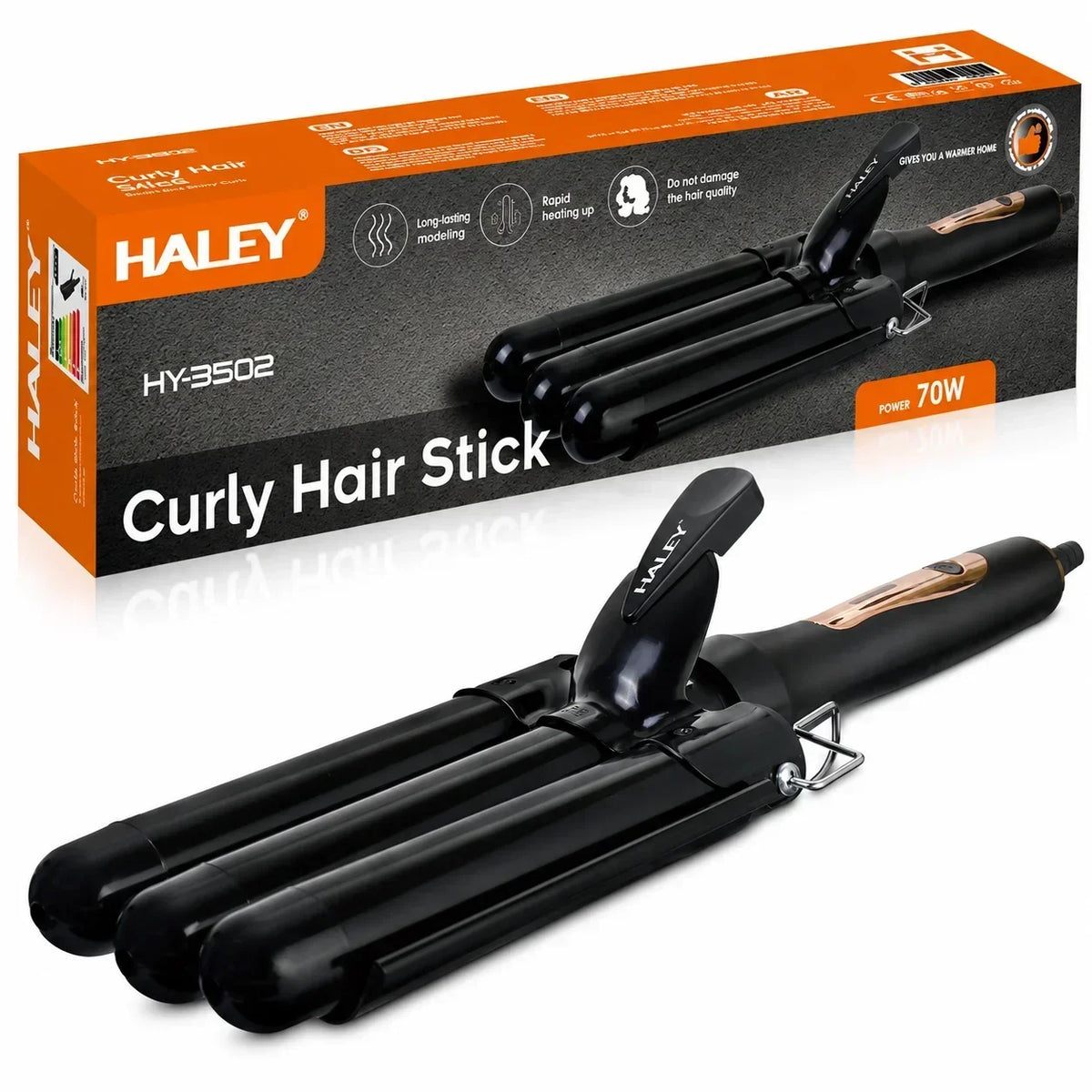 Ondulator De Păr Triplu Haley HY-3502, 70W, Ceramică Cu Turmalină, Pentru Bucle Și Valuri Imagine principală a produsului