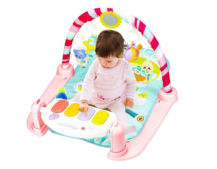 Saltea de joaca Muzicala, AT PERFORMANCE, Interactiva cu Pian 5 in 1,98 cm, print Happy Baby cu animalute, pentru Bebelusi, Roz Imagine secundară a produsului