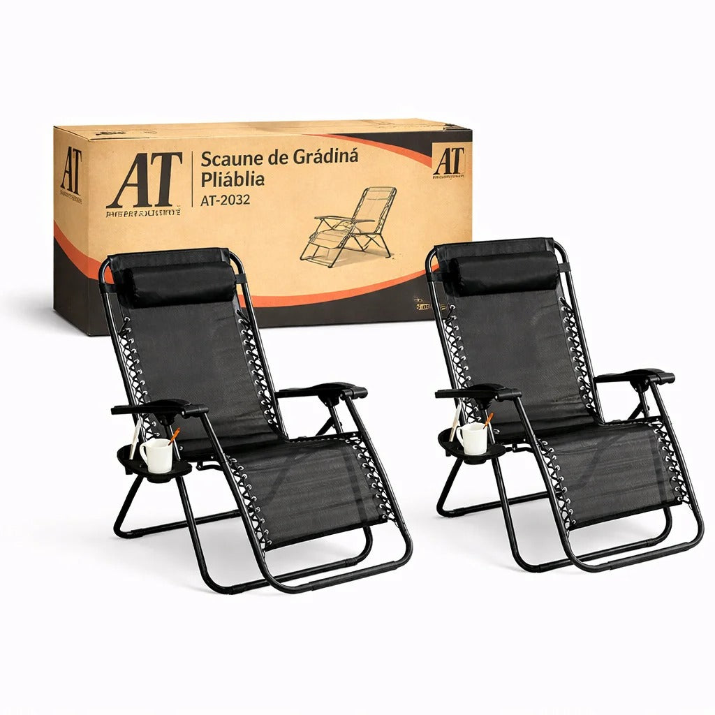 Set 2 Scaune Șezlonguri Portabile AT PERFORMANCE®, de Lux, Modern, Scaun Reclinabil, Pliabil pentru Plajă și Grădină, cu Suport pentru Pahare