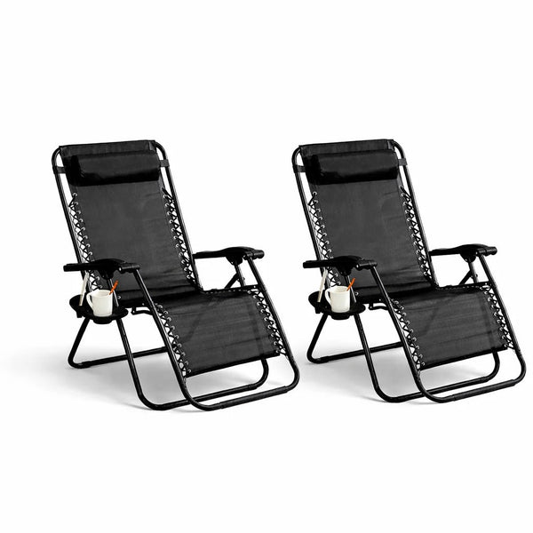 Set 2 Scaune Șezlonguri Portabile AT PERFORMANCE®, de Lux, Modern, Scaun Reclinabil, Pliabil pentru Plajă și Grădină, cu Suport pentru Pahare