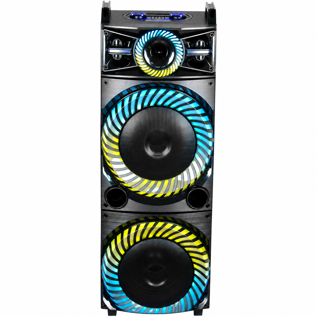 Boxă Karaoke Portabilă AT PERFORMANCE® 2250W PMPO, 2 x 15", Bluetooth, RGB LED, 2 Microfoane Wireless