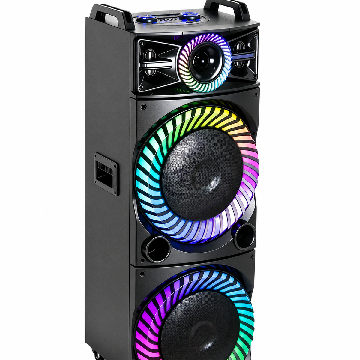 Boxă Karaoke Portabilă AT PERFORMANCE® 2250W PMPO, 2 x 15", Bluetooth, RGB LED, 2 Microfoane Wireless