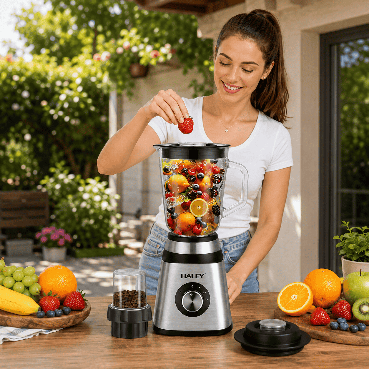 Blender Multifuncțional HALEY HY-2944 2 în 1, 1000W, Cană Din Sticlă 1,5L, Râșniță, 3 Trepte + Pulse, Funcție Zdrobire Gheață Imagine secundară a produsului