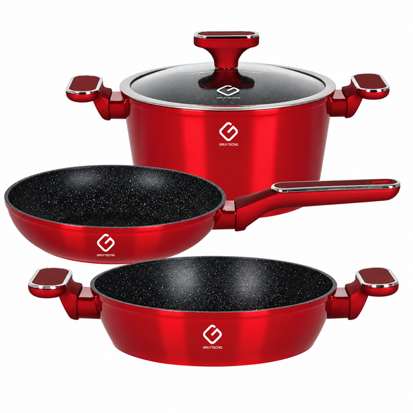 Set Vase , 4 Piese, Aluminiu Turnat, Strat Antiaderent Marmorat, Capac din Sticlă, 24 cm, Compatibil cu Inducție