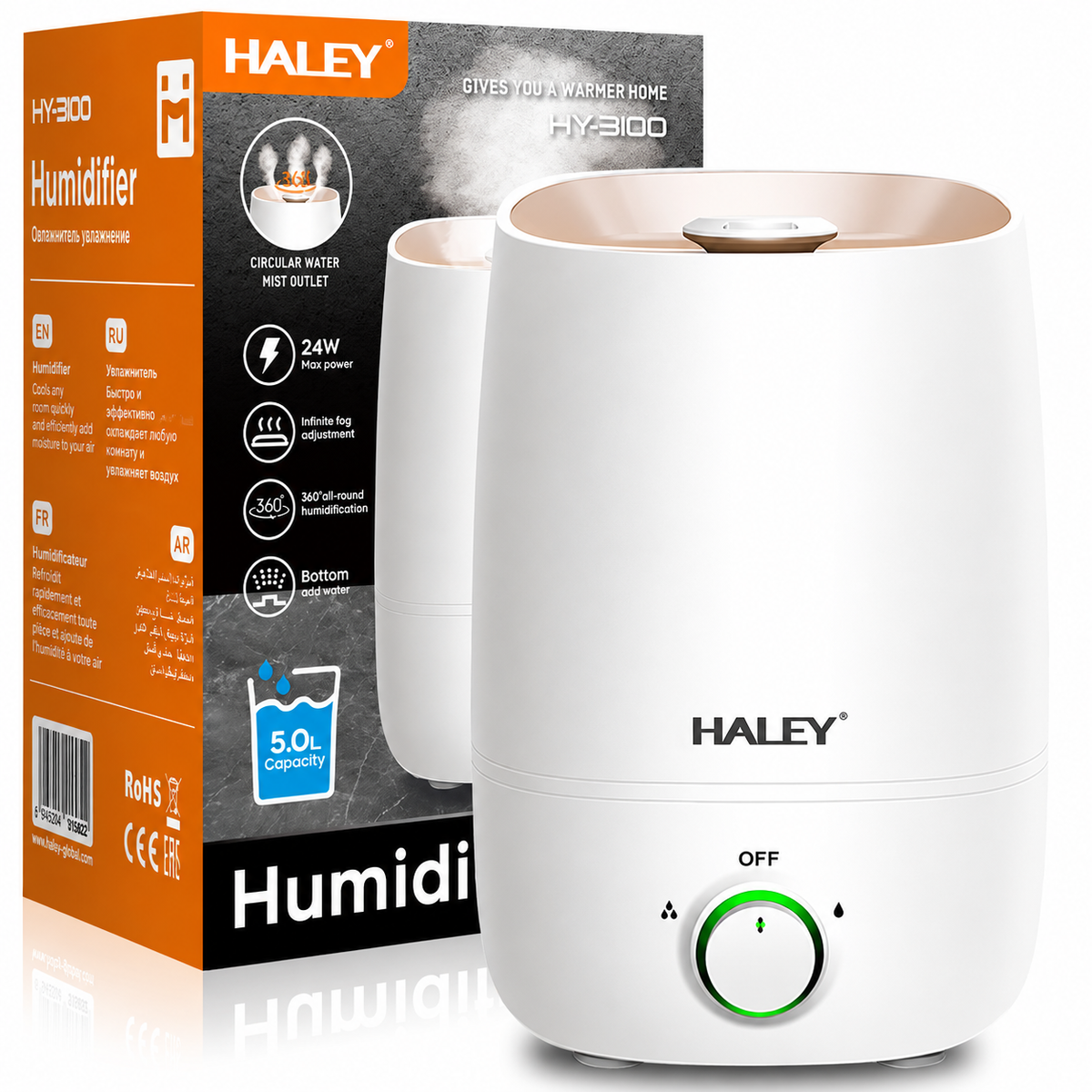 Umidificator De Aer Haley HY-3100, 5L, 1000W, Umidificare 360°, Reglare Continuă a Ceții, Rezervor Mare Imagine principală a produsului