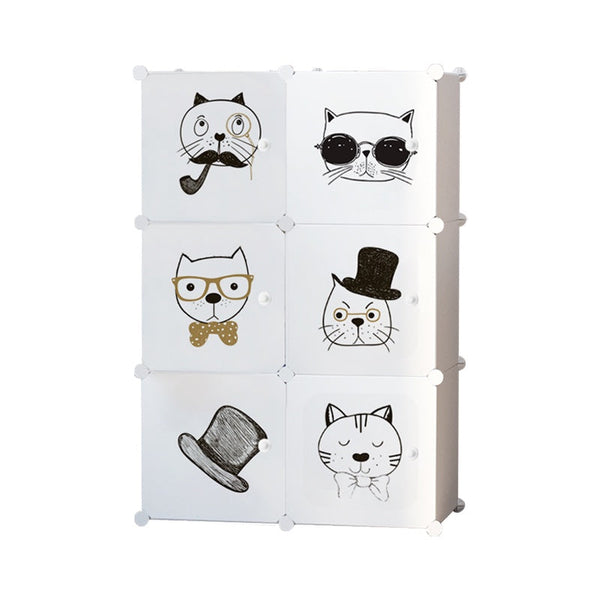 Dulap modular pentru copii 6 rafturi , AT PERFORMANCE® , Alb cu pisicute 🐱🎀👓🎩
