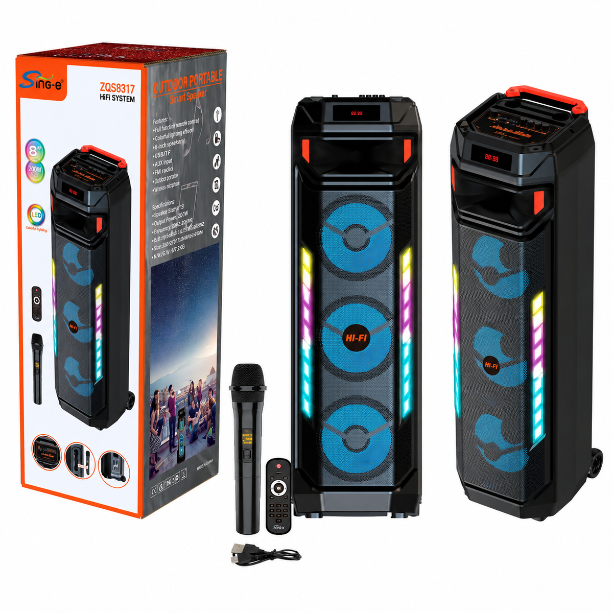 Boxă Portabilă Karaoke Sing-e ZQS8317, Bluetooth, 3 Difuzoare 8", 60W, Microfon Wi-Fi Inclus, Telecomandă, LED RGB, Acumulator 4500mAh Imagine principală a produsului