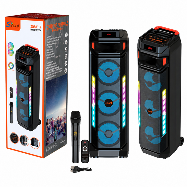 Boxă Portabilă Karaoke Sing-e ZQS8317, Bluetooth, 3 Difuzoare 8", 60W, Microfon Wi-Fi Inclus, Telecomandă, LED RGB, Acumulator 4500mAh