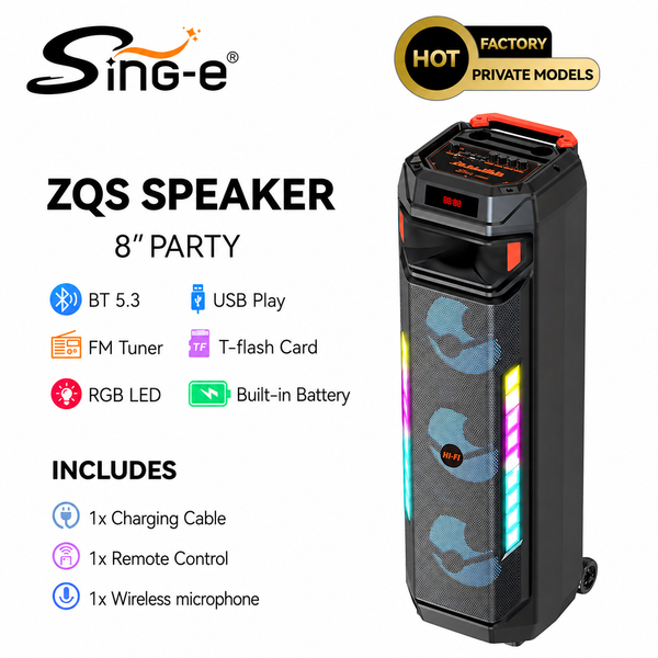 Boxă Portabilă Karaoke Sing-e ZQS8317, Bluetooth, 3 Difuzoare 8", 60W, Microfon Wi-Fi Inclus, Telecomandă, LED RGB, Acumulator 4500mAh