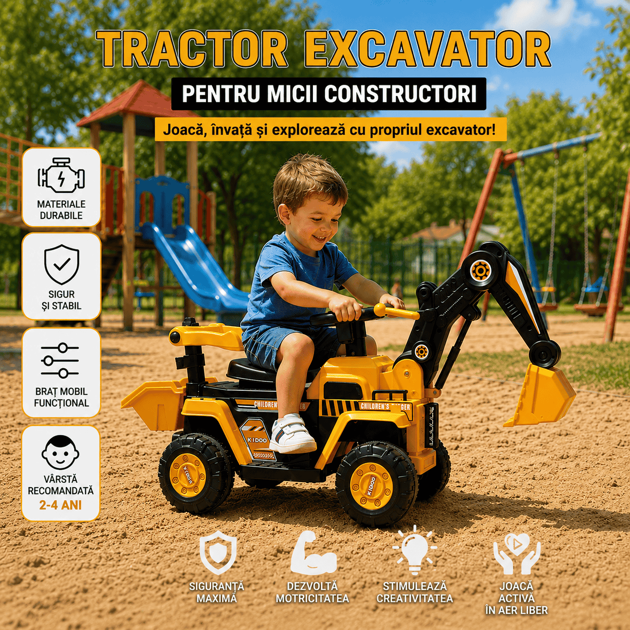 Tractor Excavator Electric Pentru Copii 2-4 Ani, Cu Braț Mobil, Cupă Funcțională, Volan Cu Sunete Și Pedală, Galben Imagine secundară a produsului