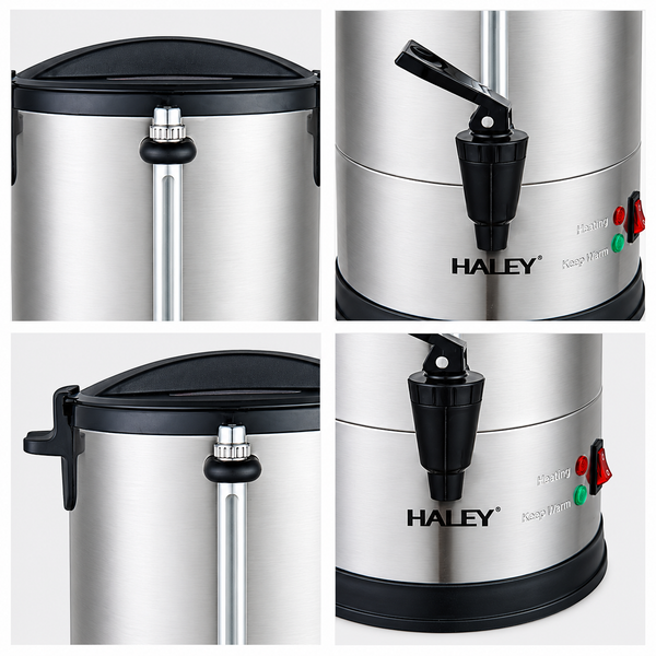Termos Electric Profesional HALEY HY-6935L, 35L, 2500W, Inox 304, Robinet, Indicator Nivel Apă, Menținere Temperatură