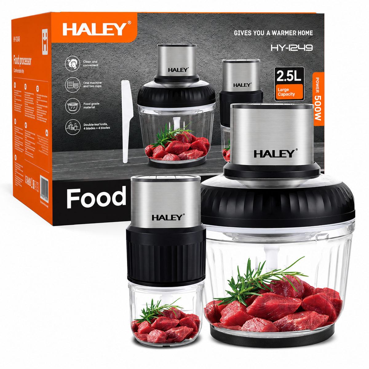 Tocător Electric Haley HY-1249, 500W, 2 Recipiente 2.5L + 0.5L, 3 Viteze, 4 + 6 Lame, Sticlă Borosilicată Imagine principală a produsului
