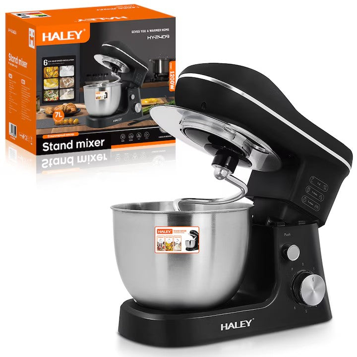 Mixer de Inalta Performanta HALEY HY-2409: Putere de 1200W, Bol Generos din Inox de 7L, 6 Trepte de Viteza cu Functie Pulse, Design Elegant Negru si Inox Imagine principală a produsului