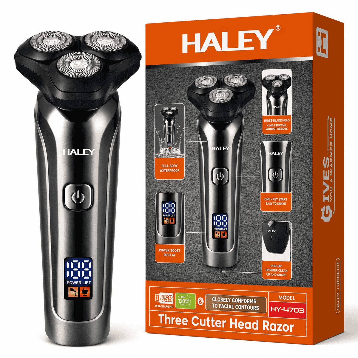 Aparat De Ras Electric Haley HY-4703, 3 Capete Rotative, Acumulator 1200 mAh, Autonomie 180 Minute, Waterproof, Încărcare USB Imagine principală a produsului
