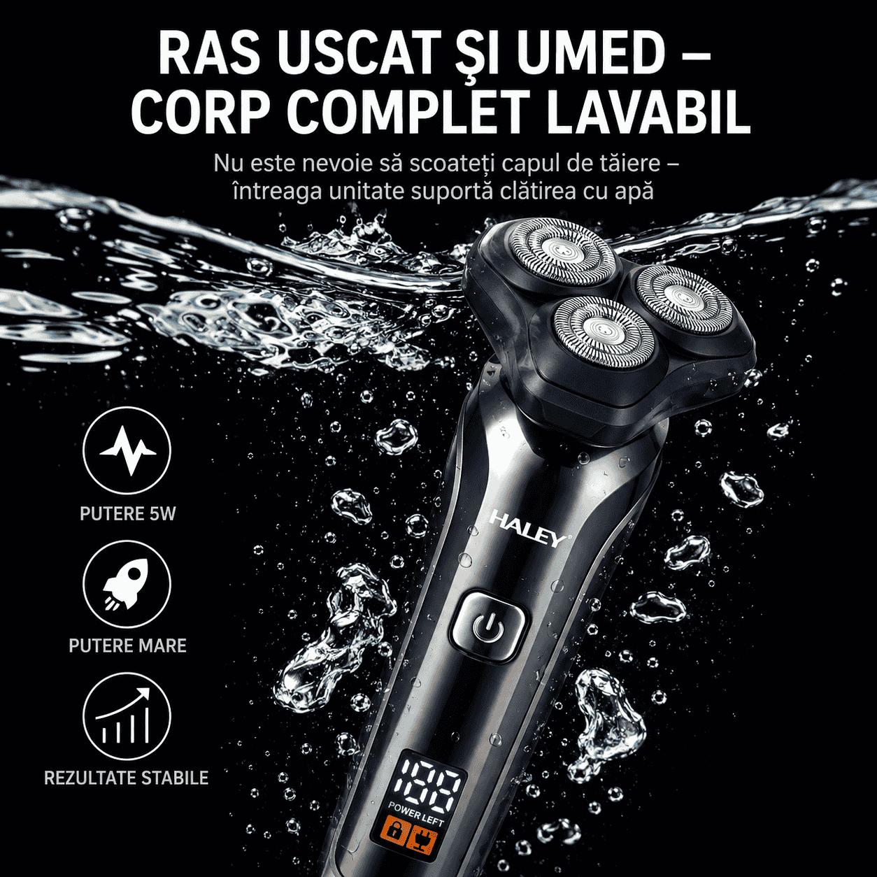 Aparat De Ras Electric Haley HY-4703, 3 Capete Rotative, Acumulator 1200 mAh, Autonomie 180 Minute, Waterproof, Încărcare USB Imagine secundară a produsului