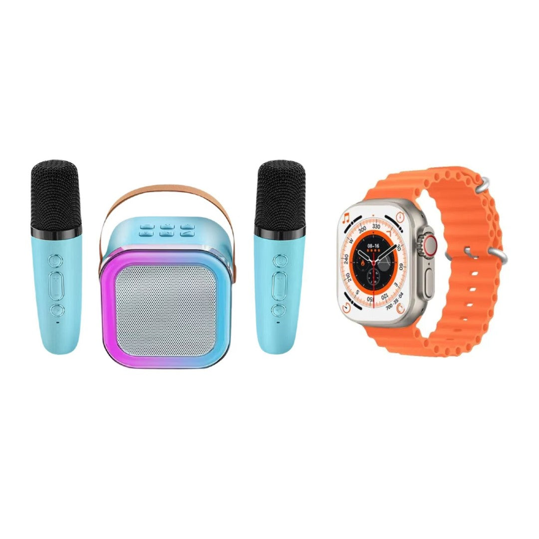 Pachet Smartwatch AMOLED 49mm + Boxă Karaoke cu 2 Microfoane AT PERFORMANCE® – Apel Bluetooth, Muzică, Fitness & Distracție Imagine principală a produsului