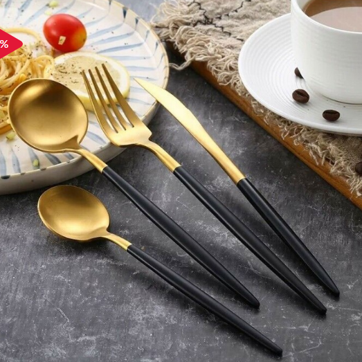 Set de tacamuri moderne 24 de piese, negru si auriu lucios, 13-21 cm Imagine secundară a produsului
